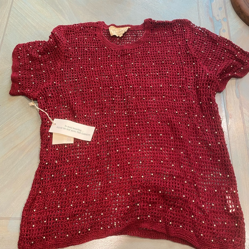 Red Knit Short Sleeve Top with Beaded Accents